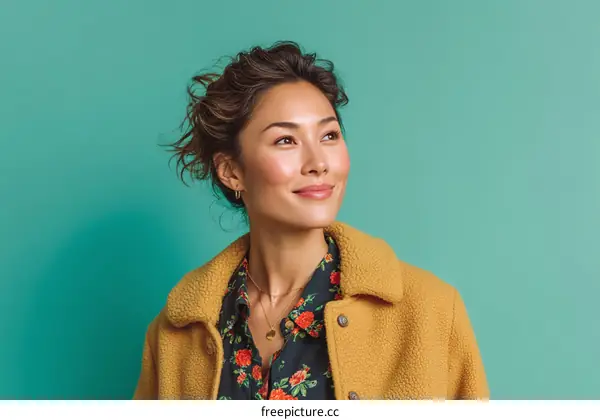 Asian Woman in Yellow Coat Fashion Portrait
