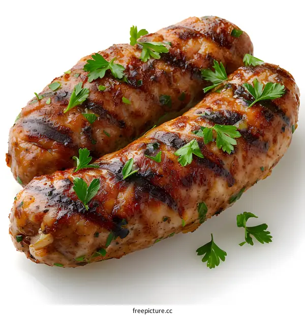 Grilled sausages with parsley garnish