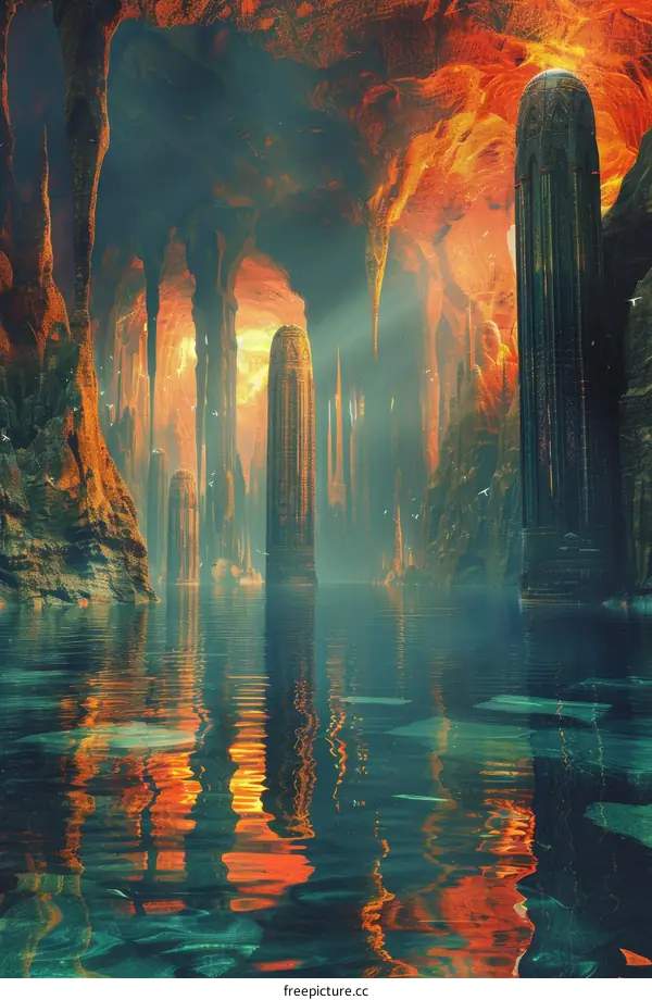 Glowing Mushrooms and Ruins in a Mystical Underground Lake