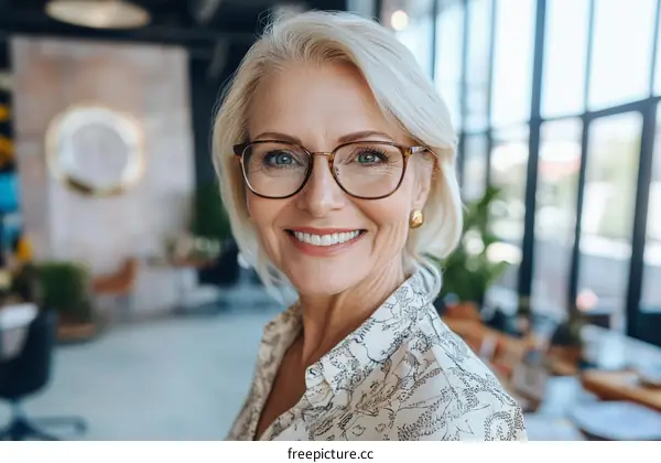 Smiling Senior Woman in Modern Office Environment