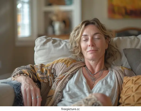 A blonde woman in a white shirt and brown embroidered jacket is sitting on a couch with her eyes closed and a peaceful smile on her face.
