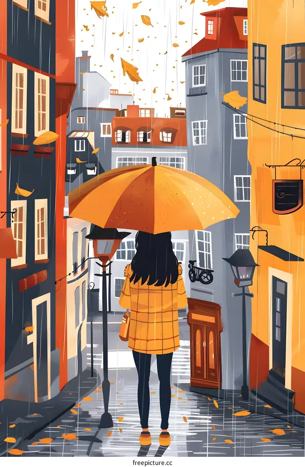 Rainy Day in the City with a Yellow Umbrella
