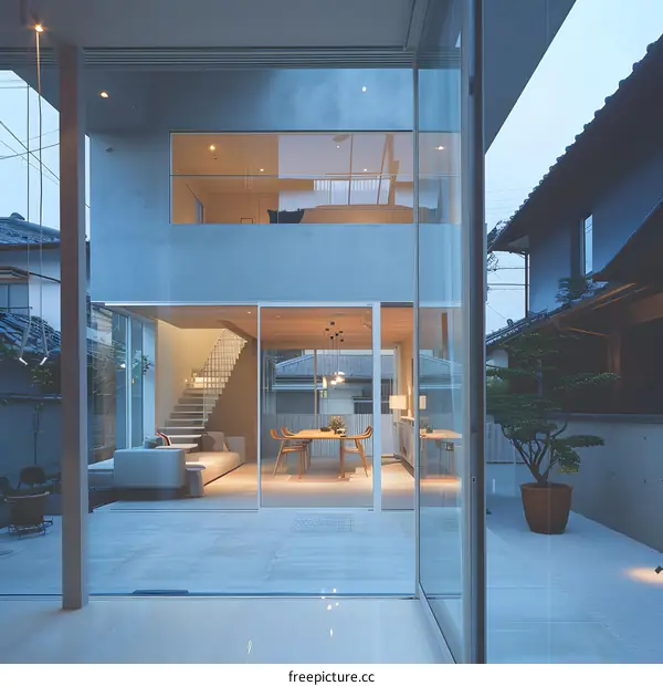 Modern Japanese House with Glass Walls and Courtyard