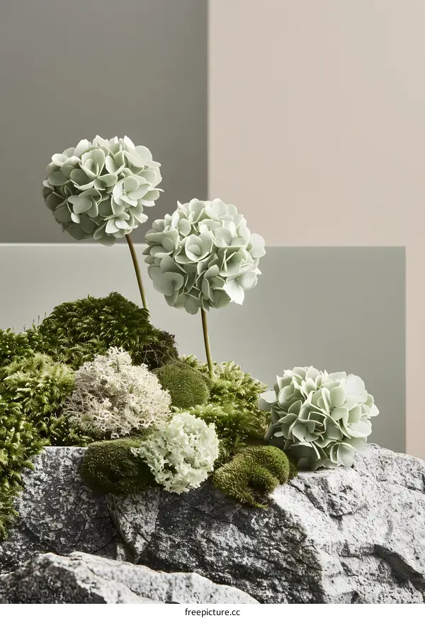 Green Hydrangeas on Mossy Stone