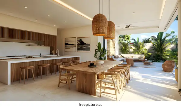 Modern Kitchen Dining Room with Tropical Outdoor Patio