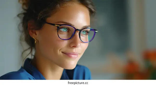 A Young Woman Wearing Purple Eyeglasses and Blue Shirt