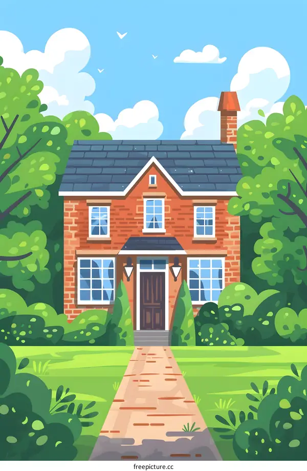 Brick House with Green Trees and Blue Sky