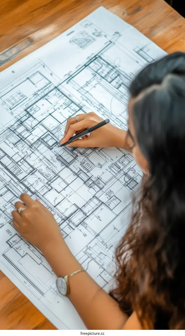 Architect Woman Working on Architectural Drawings
