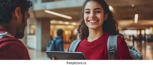 Smiling Student With Tablet In College Hallway