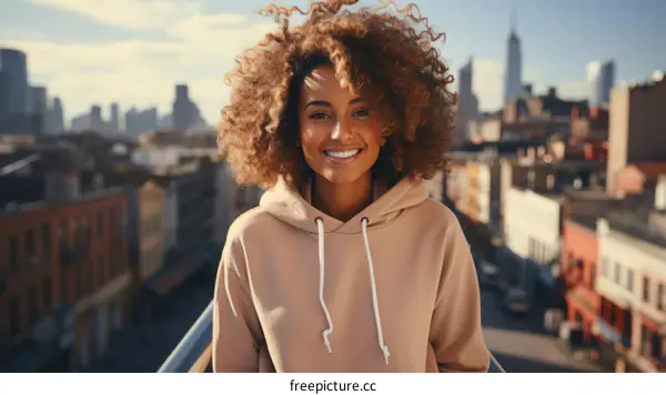 Smiling woman with curly hair standing on a rooftop in an urban setting