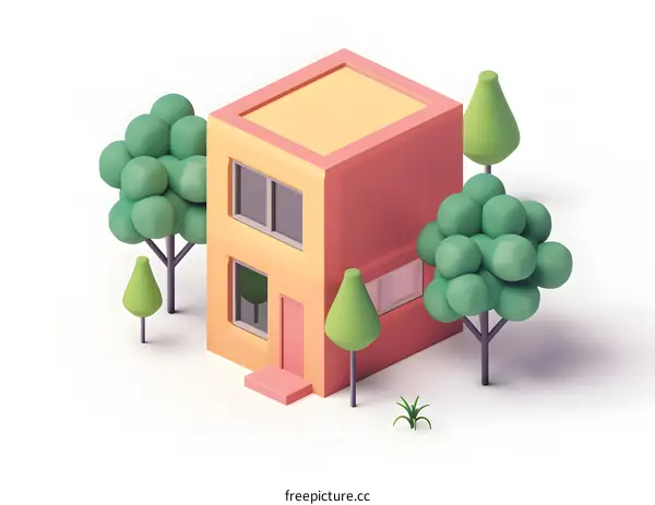 Low Poly House with Trees and Grass in a Minimalist Style
