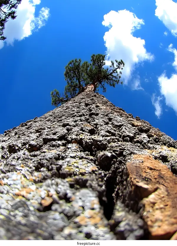 Looking Up at the Tree Trunk Against a Blue Sky