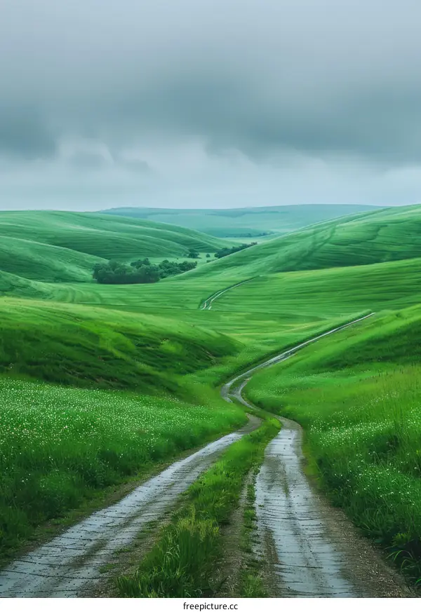 Scenic Rural Road Winding Through Lush Green Hills