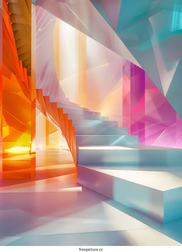 Abstract image of a staircase with colorful glass walls