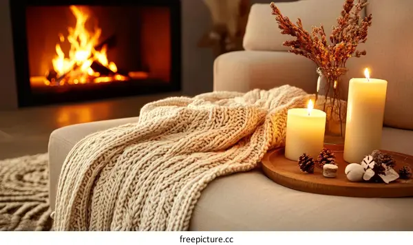 Cozy Autumn Living Room with Candles and a Knitted Throw