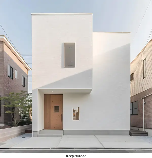Minimalist Modern White House with Wooden Door and Windows