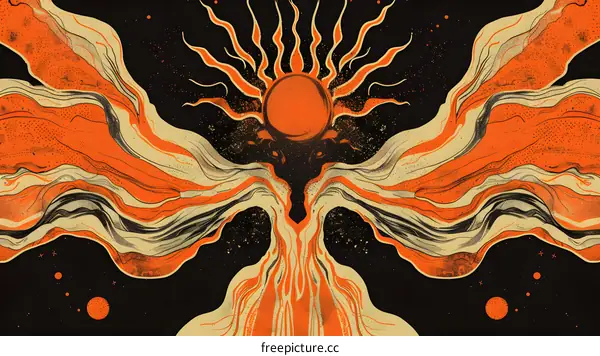 Sun with Wings Abstract Illustration with Black Background