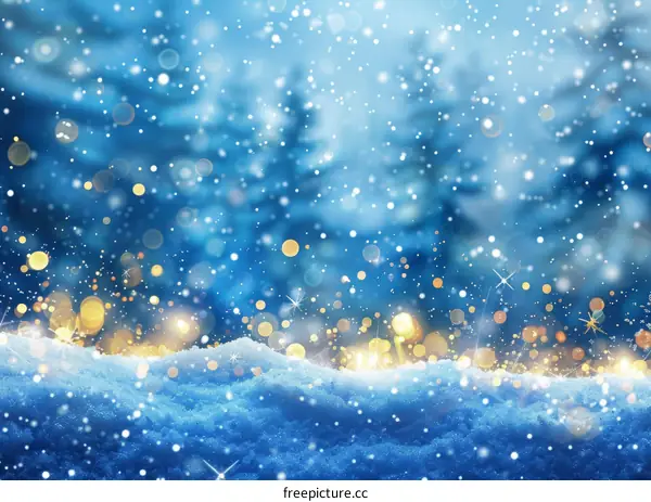 Blue and white winter background with snow and bokeh lights
