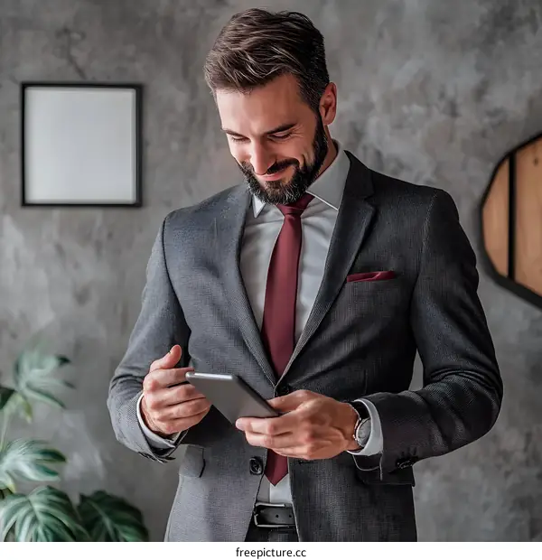 Smiling Businessman in Suit Using Phone