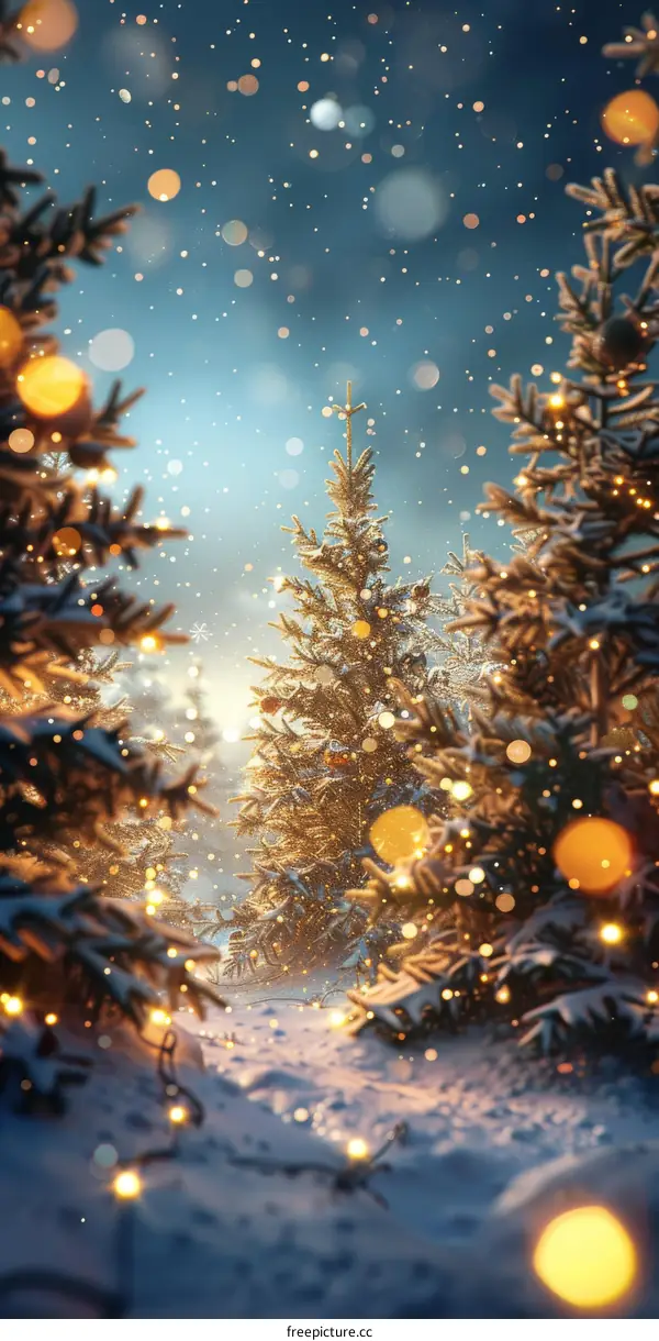 Christmas trees in a snowy forest during winter