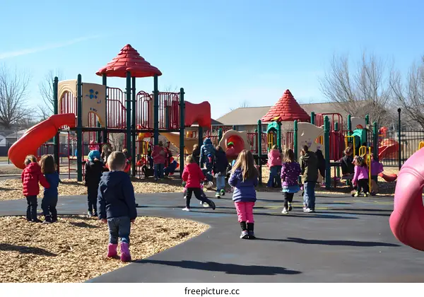 Children Playing On A Playground With Slides And Climbing Frames