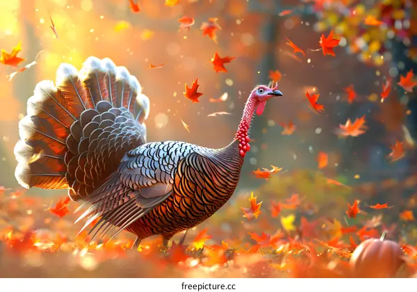 A turkey standing in a fall forest