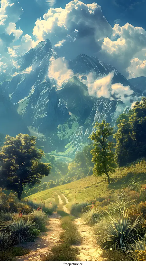 fantasy mountain landscape with trees and a path