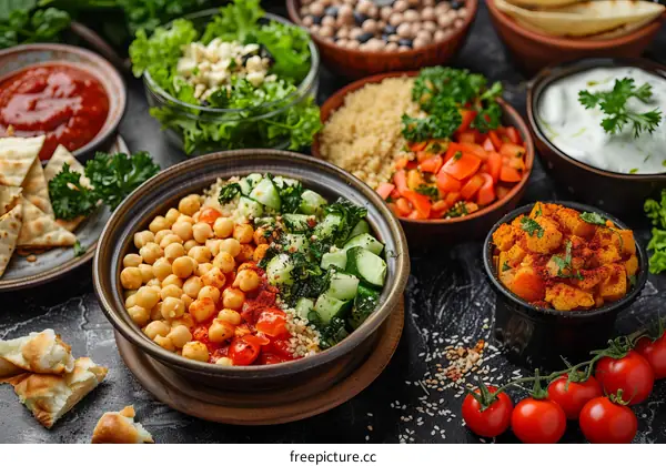 A variety of Mediterranean dishes are on the table