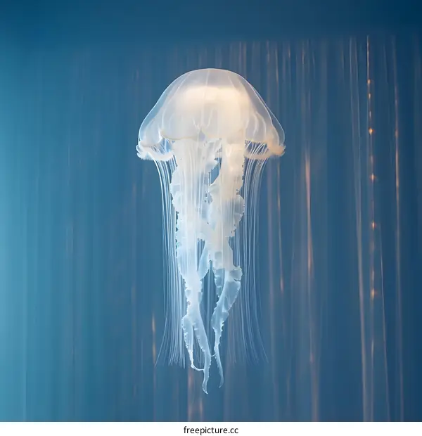 A glowing jellyfish floats in the deep blue sea