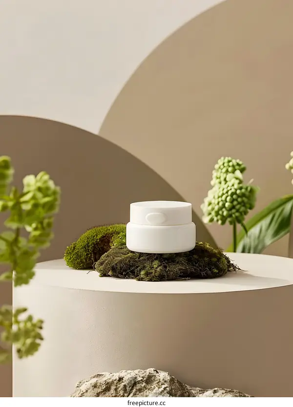 White Jar with Lid on Mossy Platform with Green Plants