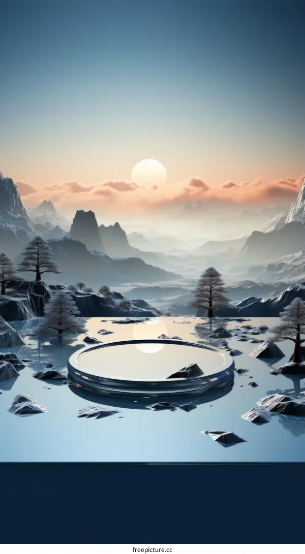 3D Rendering of a Frigid Winter Landscape with Frozen Lake and Snow-Capped Mountains
