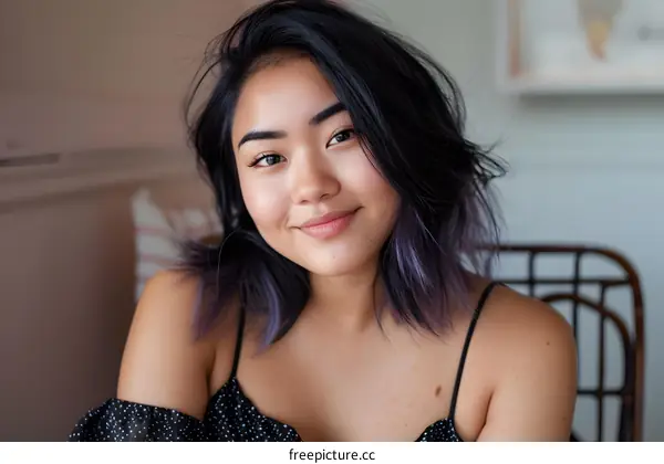 Portrait of a Young Asian Woman with Purple Hair