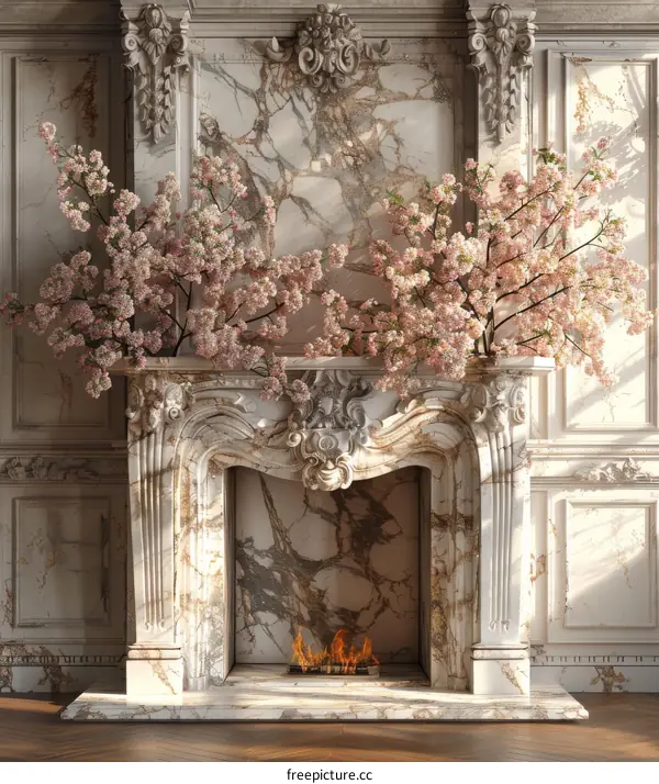 Elegant Vintage Fireplace Decor with Blooming Cherry Blossoms