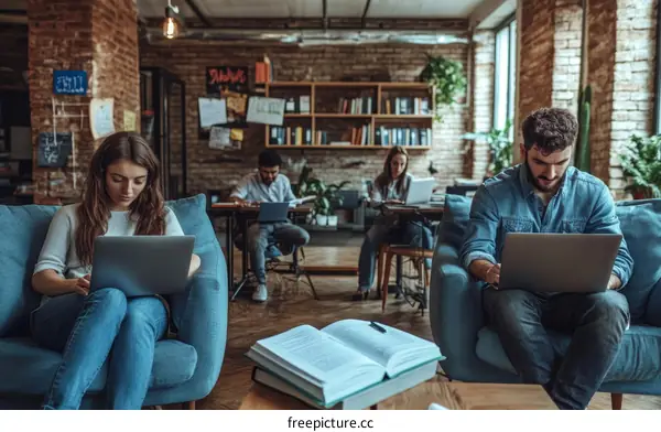 Casual Workspace Setting with Diverse People Working on Laptops
