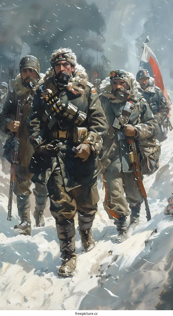 Serbian soldiers march through a snowstorm in Kosovo