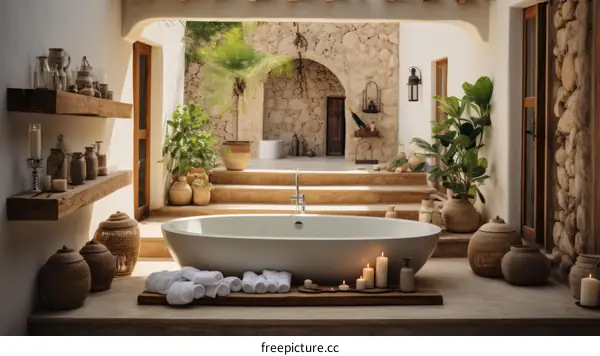 Bathroom With Stone Walls and Bathtub