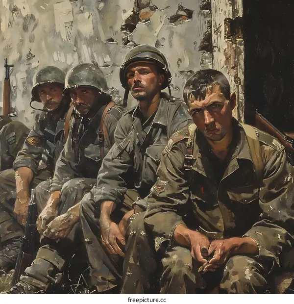A group of soldiers sitting in front of a ruined building