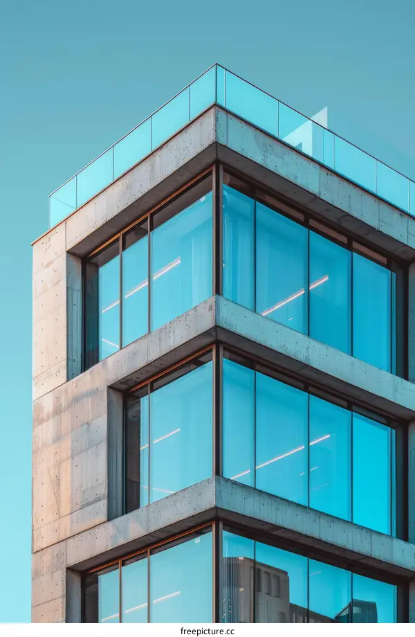 Modern Office Building with City Skyline and Blue Sky