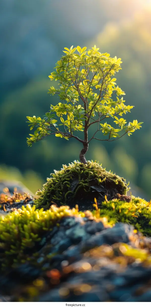 Small tree growing on a rock in the mountains