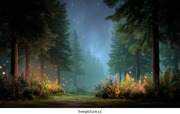 Enchanted Forest at Night with Firefly Glow