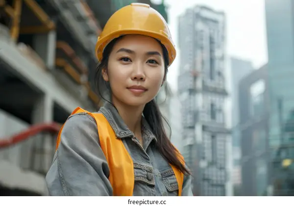 Asian Female Construction Worker in Urban Setting