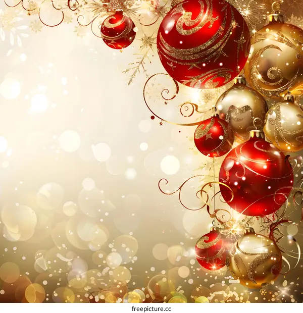 Christmas ornaments hanging on a gold background