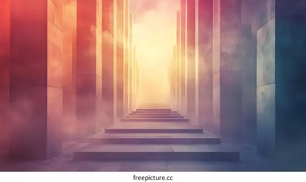 Abstract Staircase Leading Upward Through Pillars in Fog