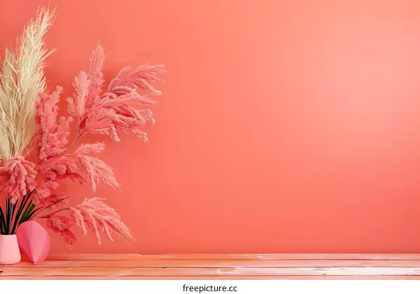 Pink And Beige Pampas Grass On Wooden Table With Coral Wall Background