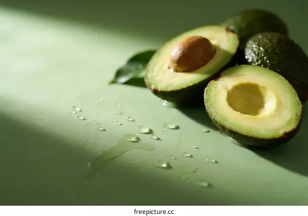 Fresh Avocado Halves with Water Drops on Green Background