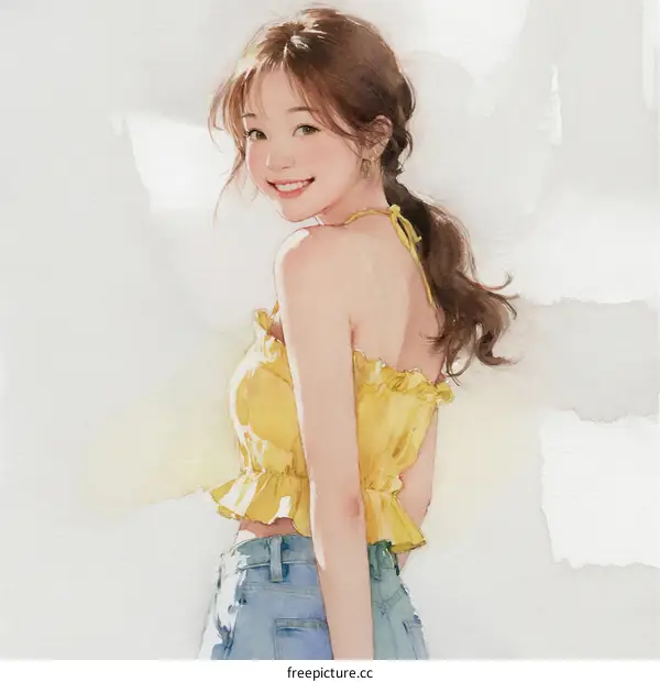 Young Asian Woman in Yellow Top and Blue Jeans