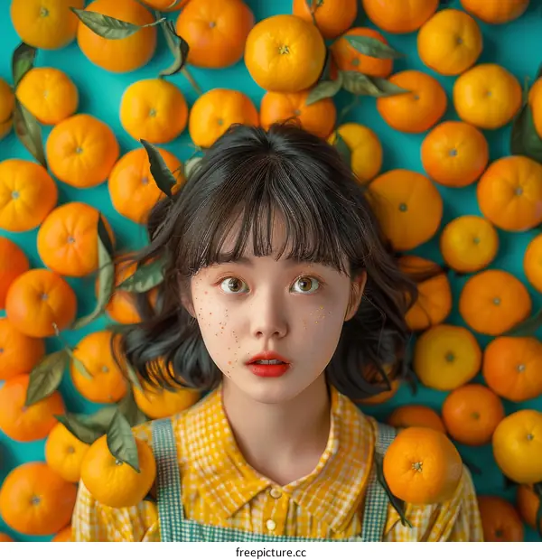 A young Asian woman lying on a bed of oranges