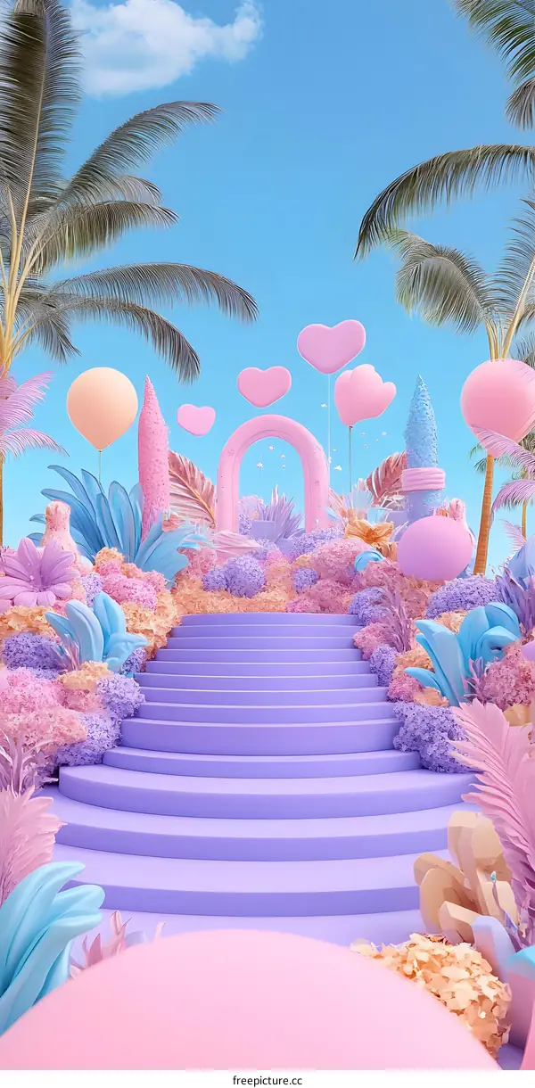 Pink Pastel  3D Rendered Staircase With Palm Trees and Hearts