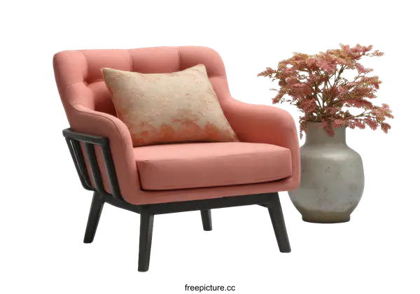 [Transparent Background PNG]Modern Pink Armchair with Decorative Throw Pillow
