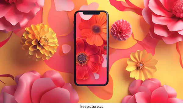 Colorful Flowers on a Smartphone Screen with a Floral Background